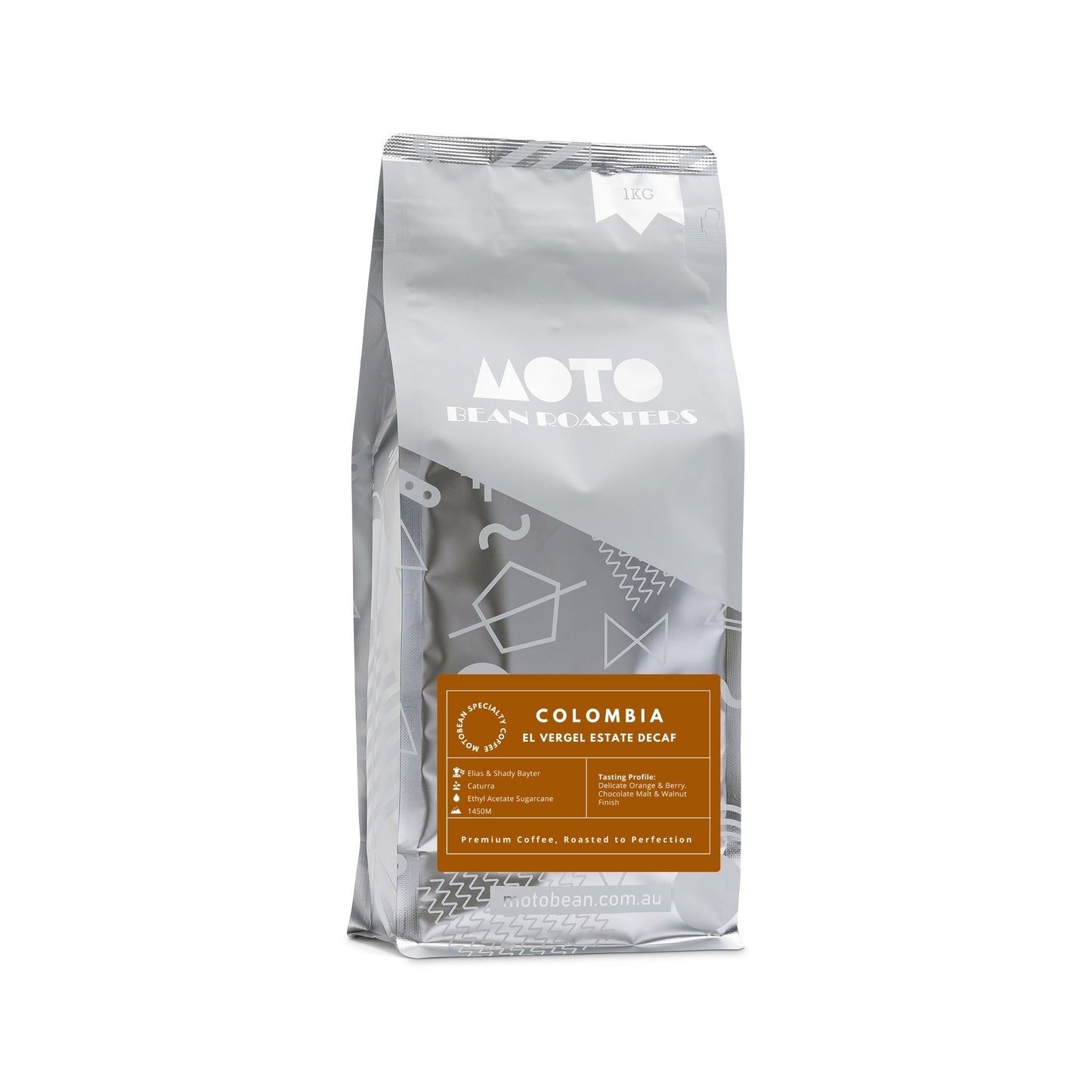 Motobean Coffee Roasters Decaf Coffee Beans from El Vergel Estate 1kg.  Produced using the natural ethyl acetate sugarcane process.  Tasting: Delicate Orange and Berry.  Chocolate Malt and Walnut Finish.