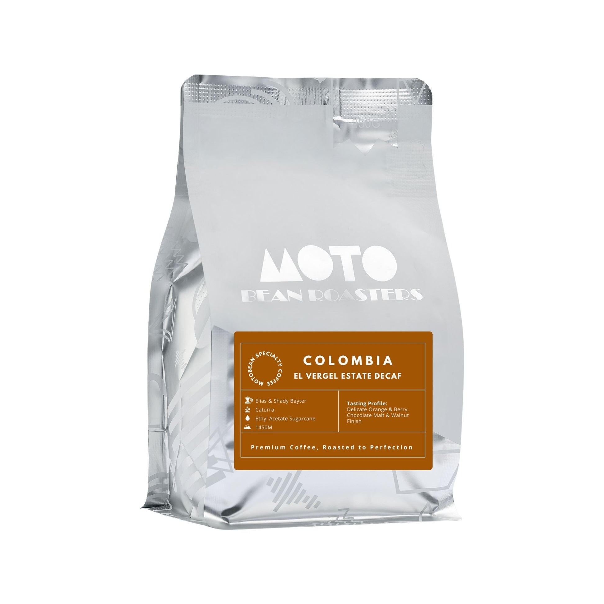 Motobean Coffee Roasters Decaf Coffee Beans from El Vergel Estate 250gm.  Produced using the natural ethyl acetate sugarcane process.  Tasting: Delicate Orange and Berry.  Chocolate Malt and Walnut Finish.